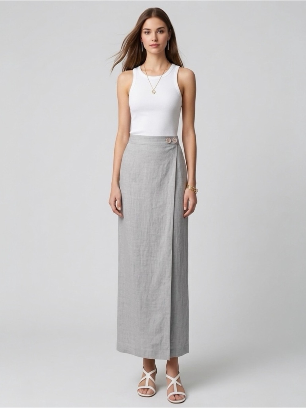 Sleeper Light Gray Linen Maxi Skirt S Quiet Luxury Minimalist Wrap Look - Picture 2 of 9